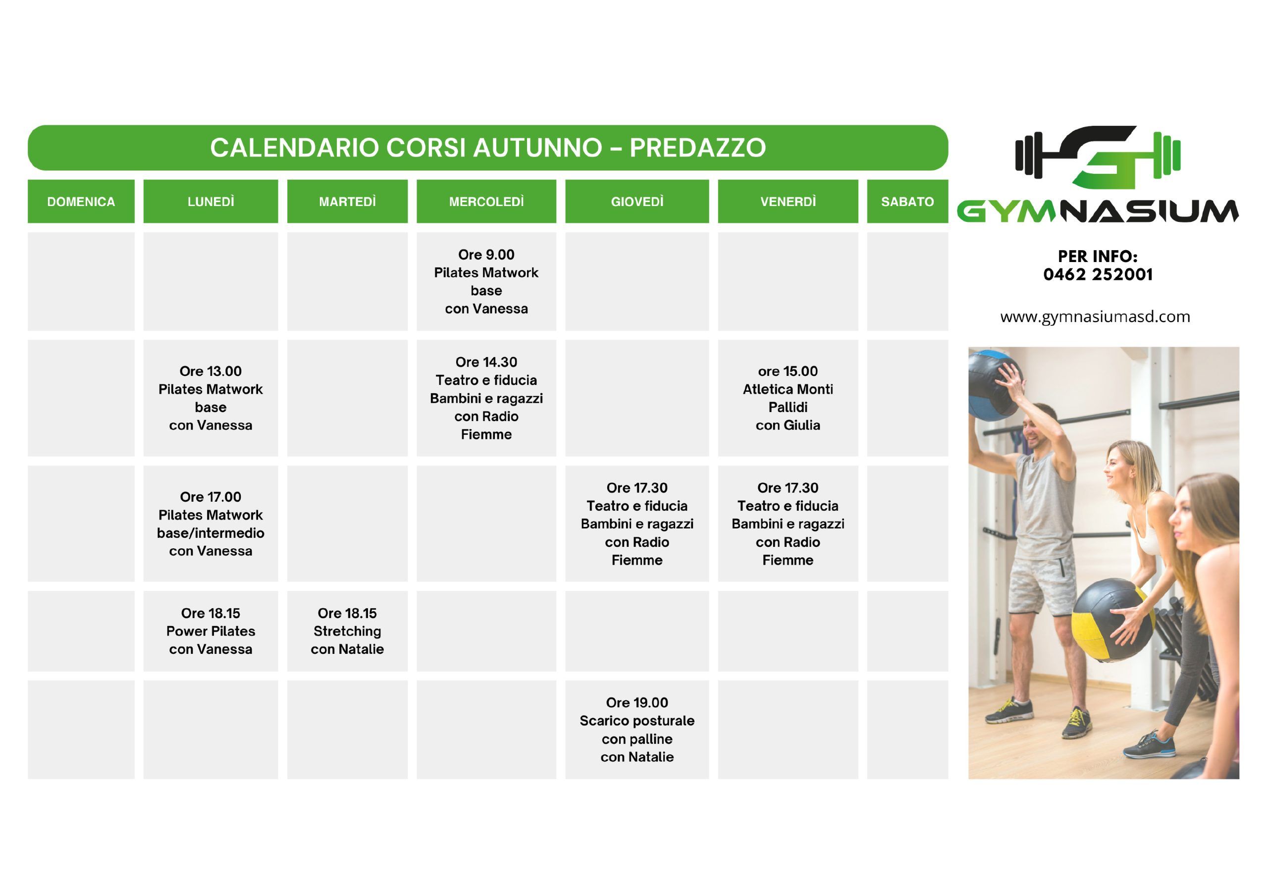 Calendario corsi autunno Predazzo eventi Servizi palestra Palestra a Moena e Predazzo GYMNASIUM a Moena e Predazzo